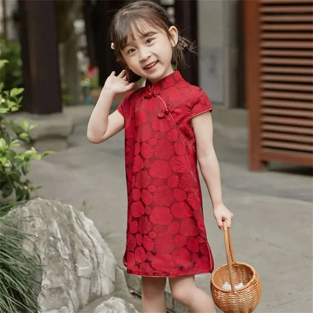 Girl Wine Red Cheongsam Summer Thin Children Printed Hanfu Princess Dress Kids Sweet Chinese Vintage Short Sleeve Qipao Vestidos