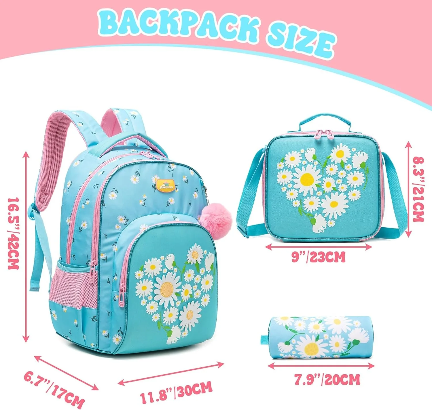 3PCS Backpack for Kids Flower Girls Bookbag Set with Lunch Box Elementary Middle School Daypack for Travel Back to School Supply