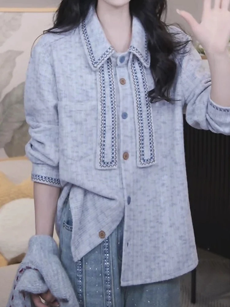 

Faionable Ne irt Women's Design Sense Color Bule Casual Sle Loose Fit Long Sve Breathable Skin-friendly