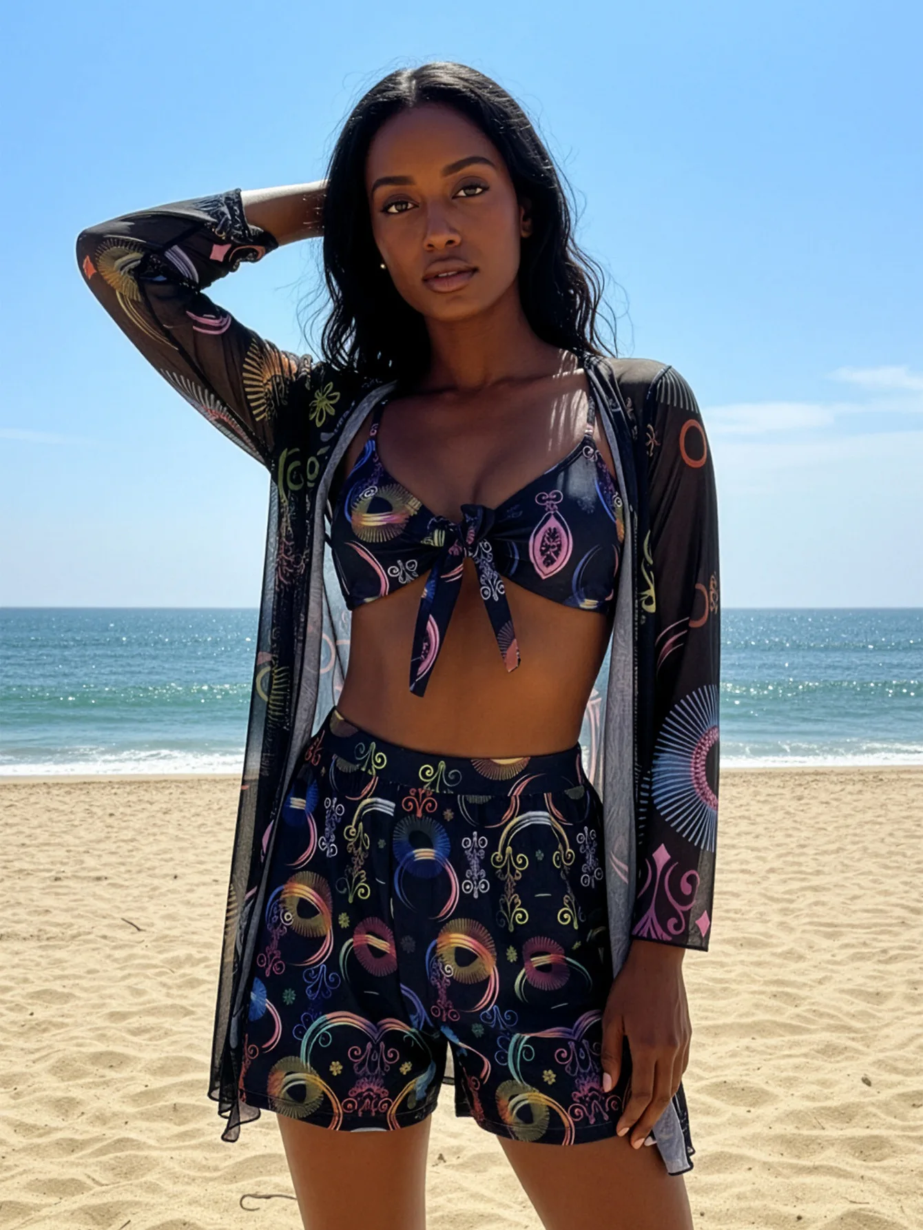 2026 Vintage Print 4 Piece Bikini Set Women Push Up Tummy Control High Waisted Two Piece Swimsuit Sexy Swimwear Beach Vacation