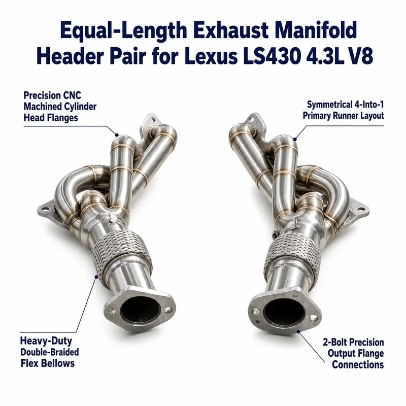 Mirror Polished 304 Stainless Exhaust Manifold for Lexus LS430 4.3L V8 Equal Length Runner with Collector Plate Set 2000-2005