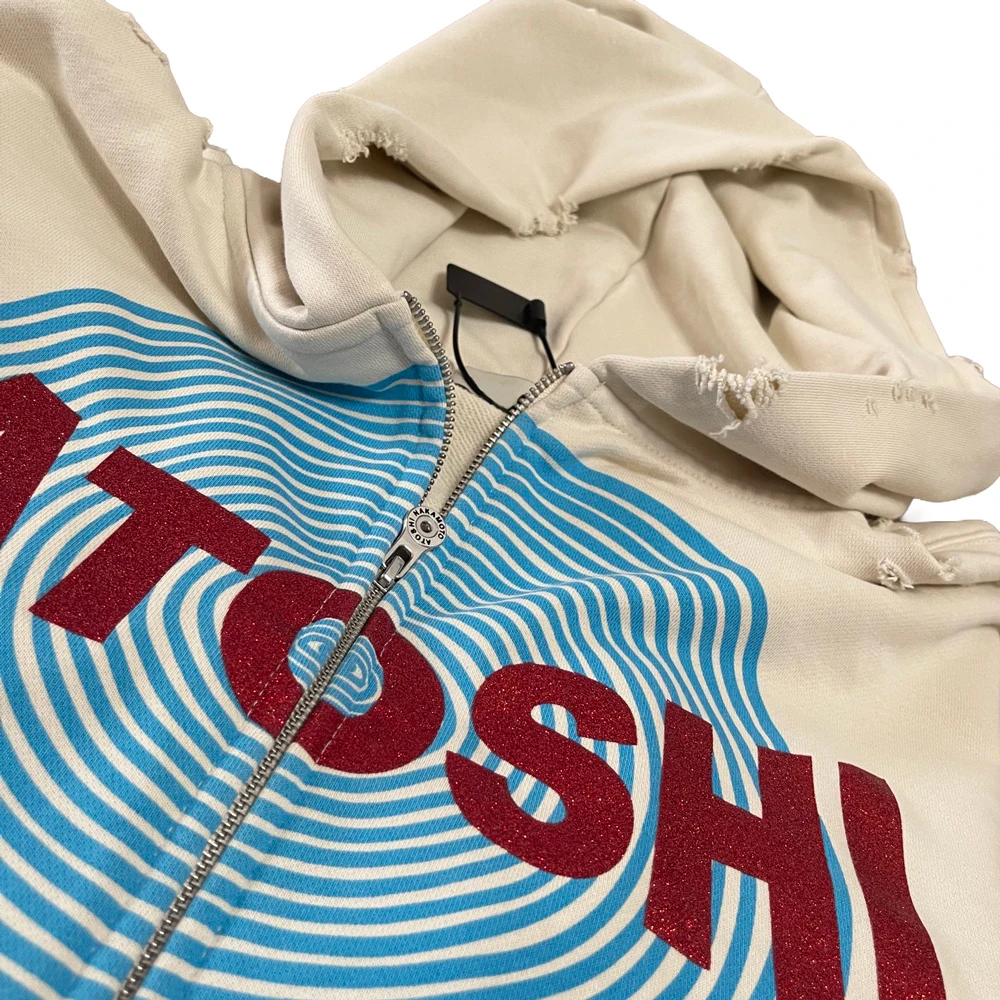 Streetwear Funny Letter Graphic Zip Up Hoodies Hip Hop Street Style Cotton Distressed Ripped Hole Oversized Casual Hoodies Men's