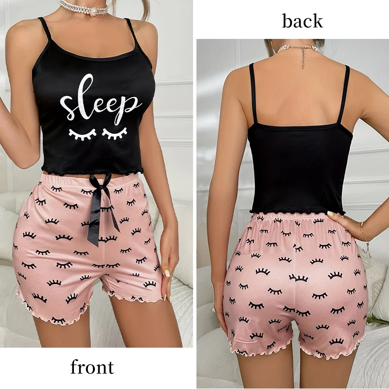 Women\'s Two-Piece Summer New Print Camouflage Eyelash Strap Top and Bow Decoration Shorts Women\'s Sexy Home Pajama Set