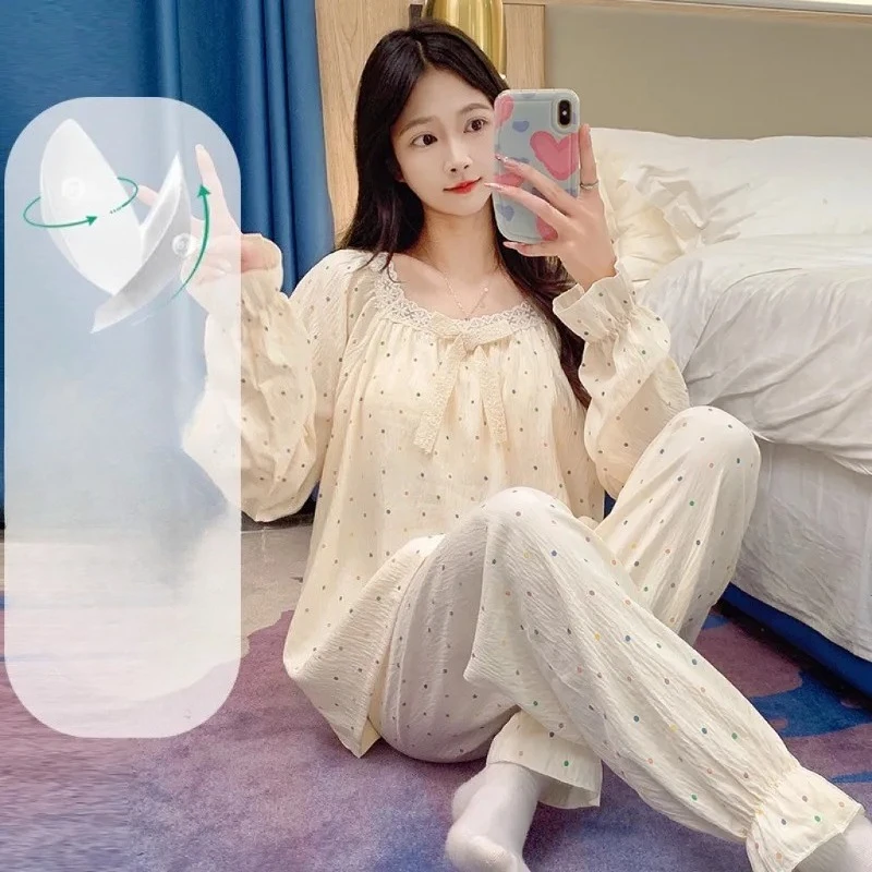 New Spring Autumn Lady Pajamas Princess Women Pajamas Homewear Lace Trim Girl Padded Chest Long Sleeves Pants Woman Loungewear