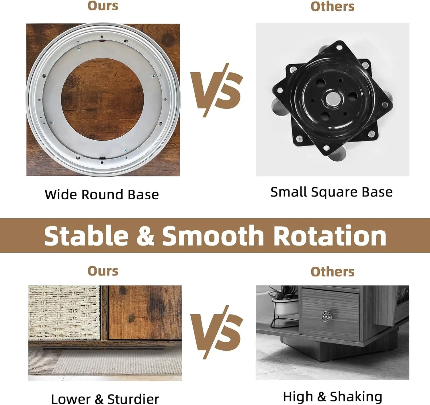 Rotating End Table with Storage, Side Table for Living Room, Magazine Holder & Cabinet, Farmhouse Style Rustic Brown