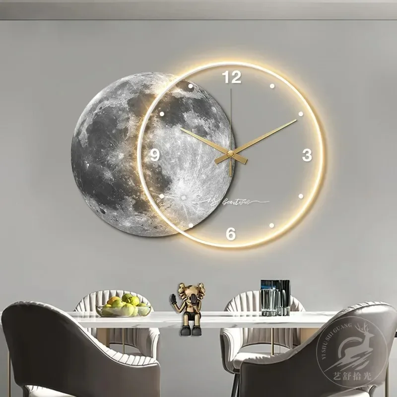 Premium Wabi Sabi Moon Wall Clock LED Wall Lamp Dining Room Decor Lighted Wall Art Silent Quartz Unique Design Home Interior