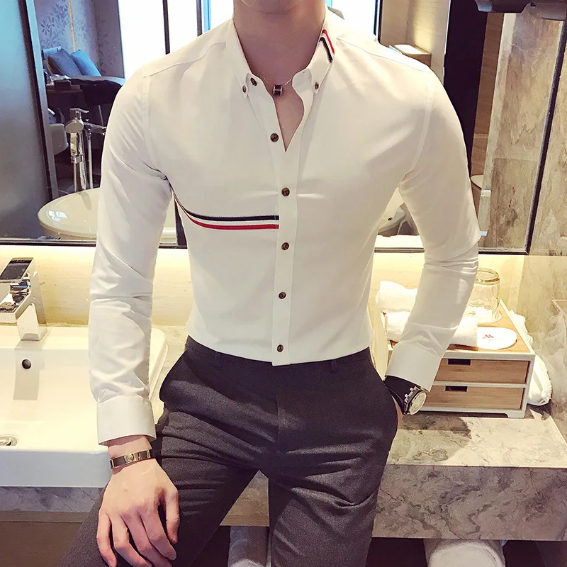 2022 Fashion Casual Color Stripes Webbing Decoration Shirts Men\'s Slim Fit Casual  Long Sleeve Dress Shirt Social Chemise Homme