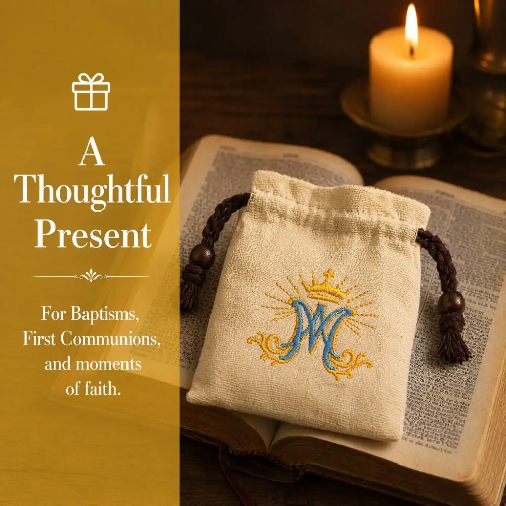 Ave Maria Monogram Catholic Rosary Drawstring Pouch Cotton Canvas Reusable Prayer Beads Storage Bag Soft Lined Durable