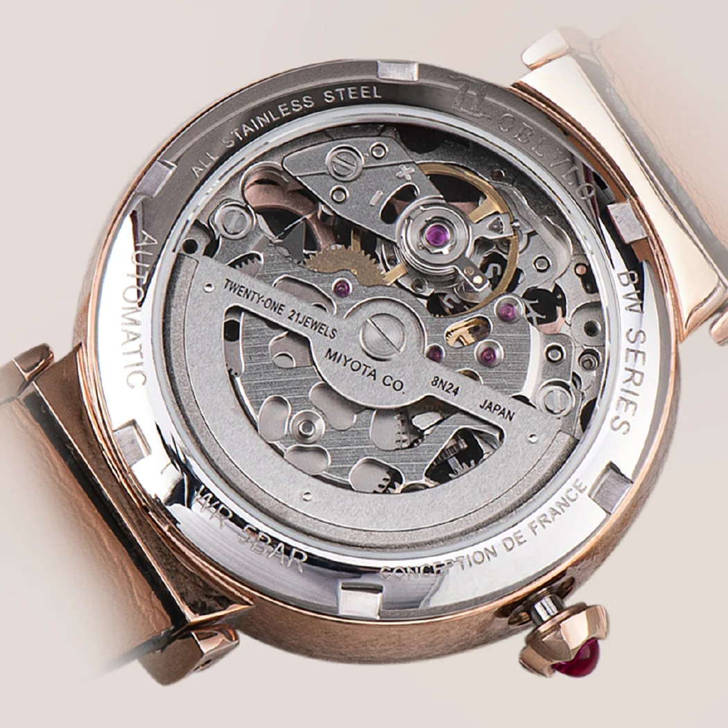 Oblvlo เคสนาฬิกาข้อมือผู้ชายโชว์กลไกสุดหรูสำหรับผู้หญิงสายหนังลูกวัวคริสตัลแซฟไฟร์หน้าปัดกันน้ำขนาด34มม.