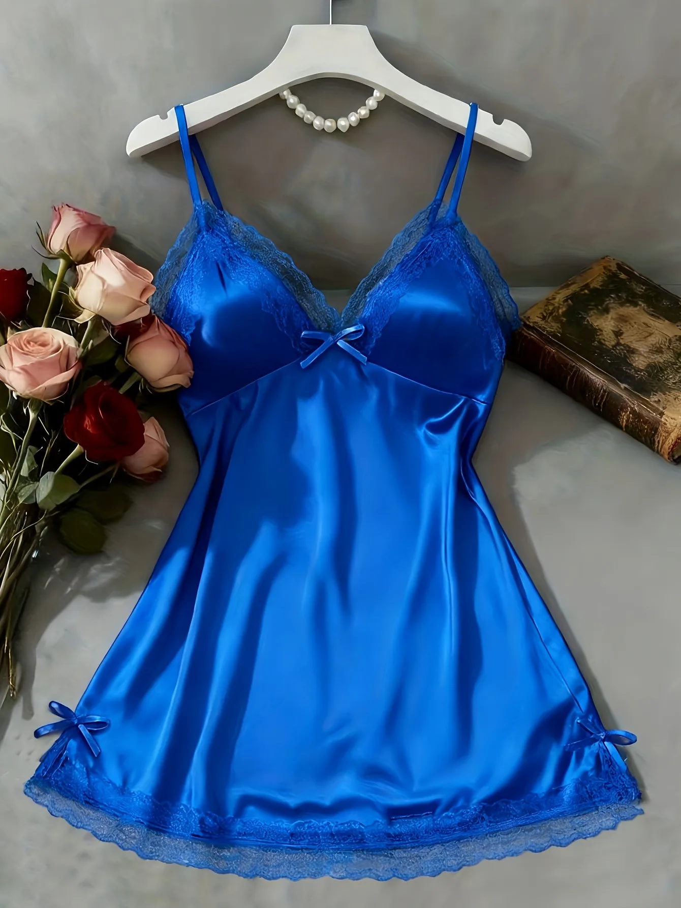 Women Satin Nightgown Lace Trim Spaghetti Strap V Neck Mini Slip Dress Soft Sleepwear Home Pajama Dress image 6