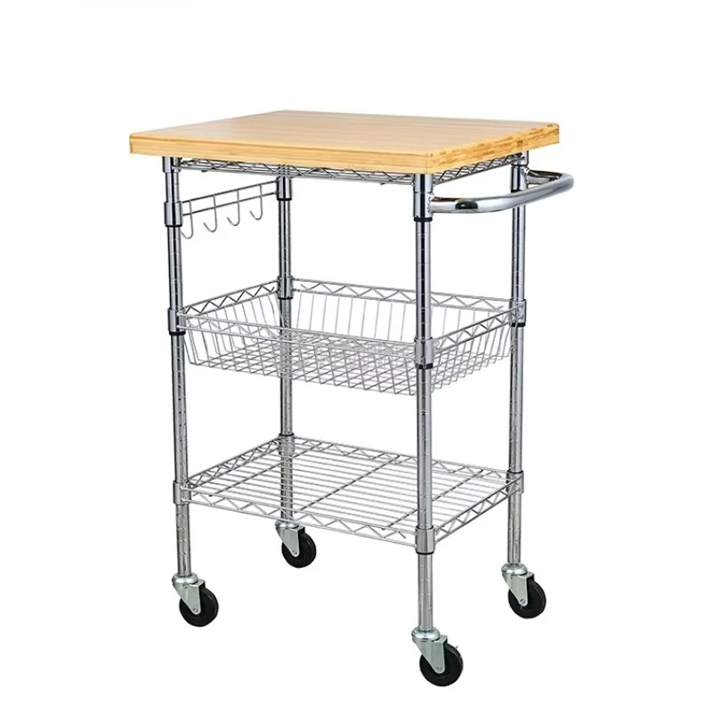 

Bamboo Top Removable Chrome Wire Metal Kitchen Food & Beverage Service Trolley Trolley with Wheels