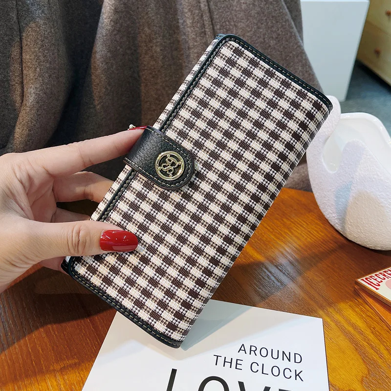 Long Genuine Leather Women Wallets Two-toned Cowhide Phone Purse High Capacity Houndstooth Clutch Bag Branded Style Billfold