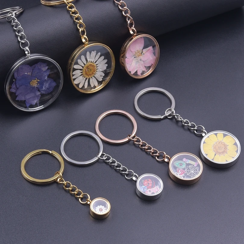 1Pc Stainless Steel Round Memory Reliquary Locket Pendant Keyholder Dijes Flotantes Coin Bezel Relicario Men Keychain Jewelry