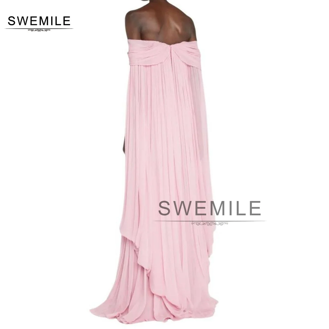 SWEMILE Pink A-Line High Slit Strapless Floor-Length Chiffon Zipper Up Short Sleeves Lining Formal Occasion Dresses Prom Dresses