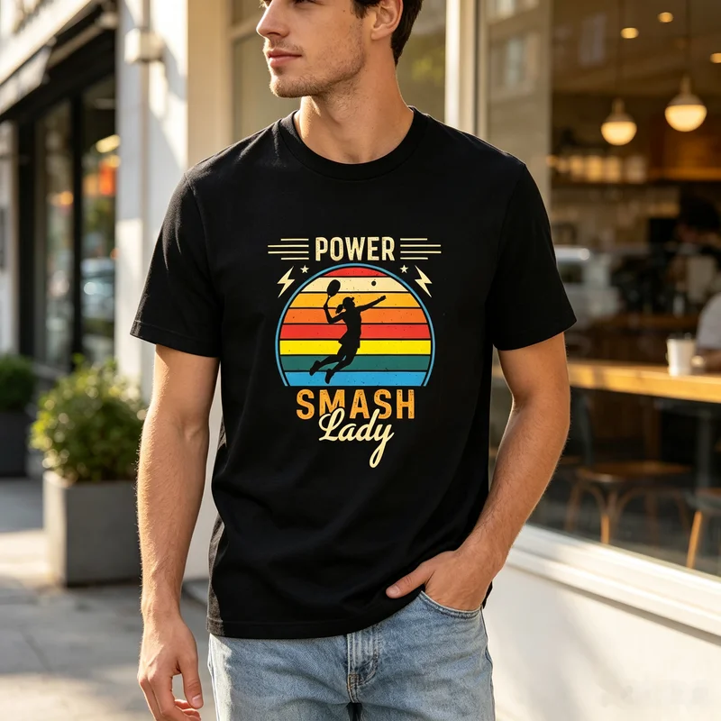 Power Smash Lady Graphic T-Shirt Retro Sunset Pickleball Print Black Navy Cotton Tee Casual Streetwear Men Women Summer