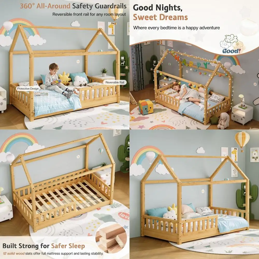 

Montori Twin Kids Bed with Guardrails, Playhouse Roof, Easy Assembly, Suitable for Toddlers, Unisex, Natural Wood Finish