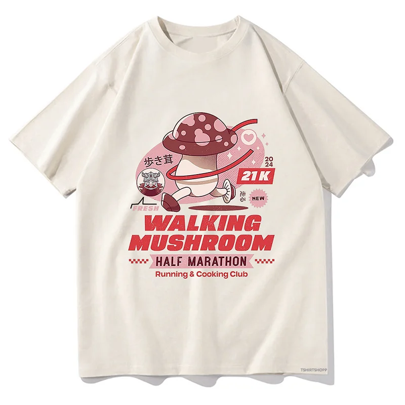 

Japanese Anime Harajuku Women's T-shirt Walking Mushroom Marathon Cotton Short-Sleeved Men's And Women's Casual Plus Size Top