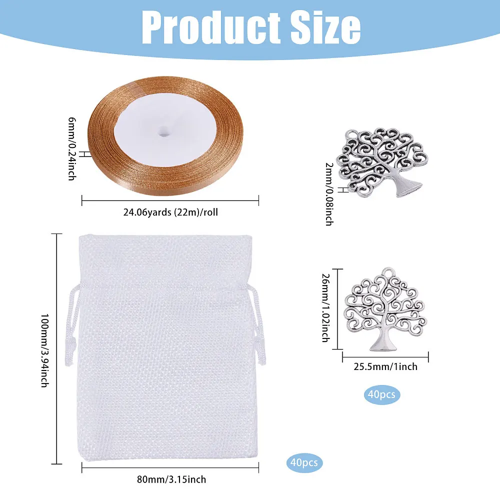 30 Pcs Tree of Life Pendant 30 Pcs Bags and 1 Roll Ribbon Alloy Tree Pendants Gift Bags with Drawstring for Party Favors Silver