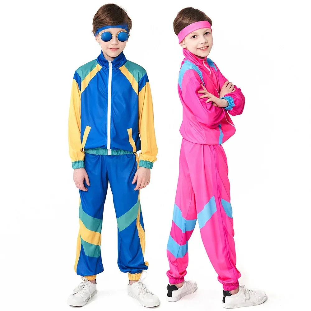 Traje de disfraz de Hip Hop para niños de los años 80, chándal de Breakdance Retro, fiestas de baile de Halloween, ropa de calle holgada, conjunto de pantalones y chaqueta