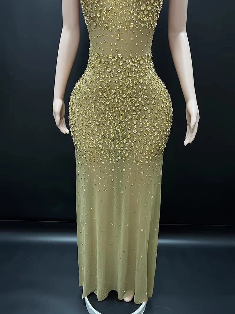 Vestido con abertura Sexy de malla elástica con diamantes de imitación de alta calidad, nueva ropa personalizada de moda para mujer 2024