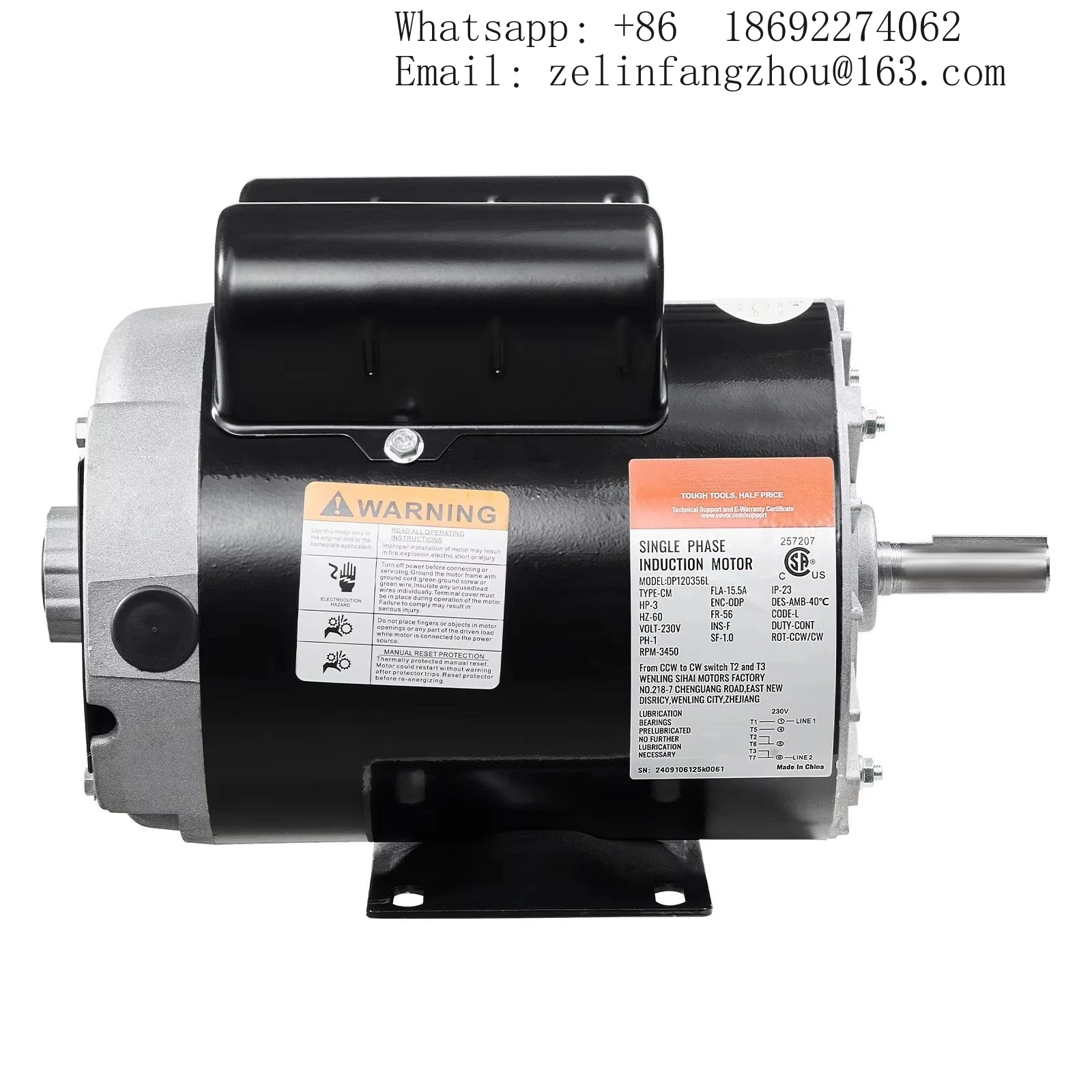 3HP 2.2KW 230V 56 Frame Single Phase AC Induction Electric Motor For Air Compressor Industrial Equipment Replacement Parts