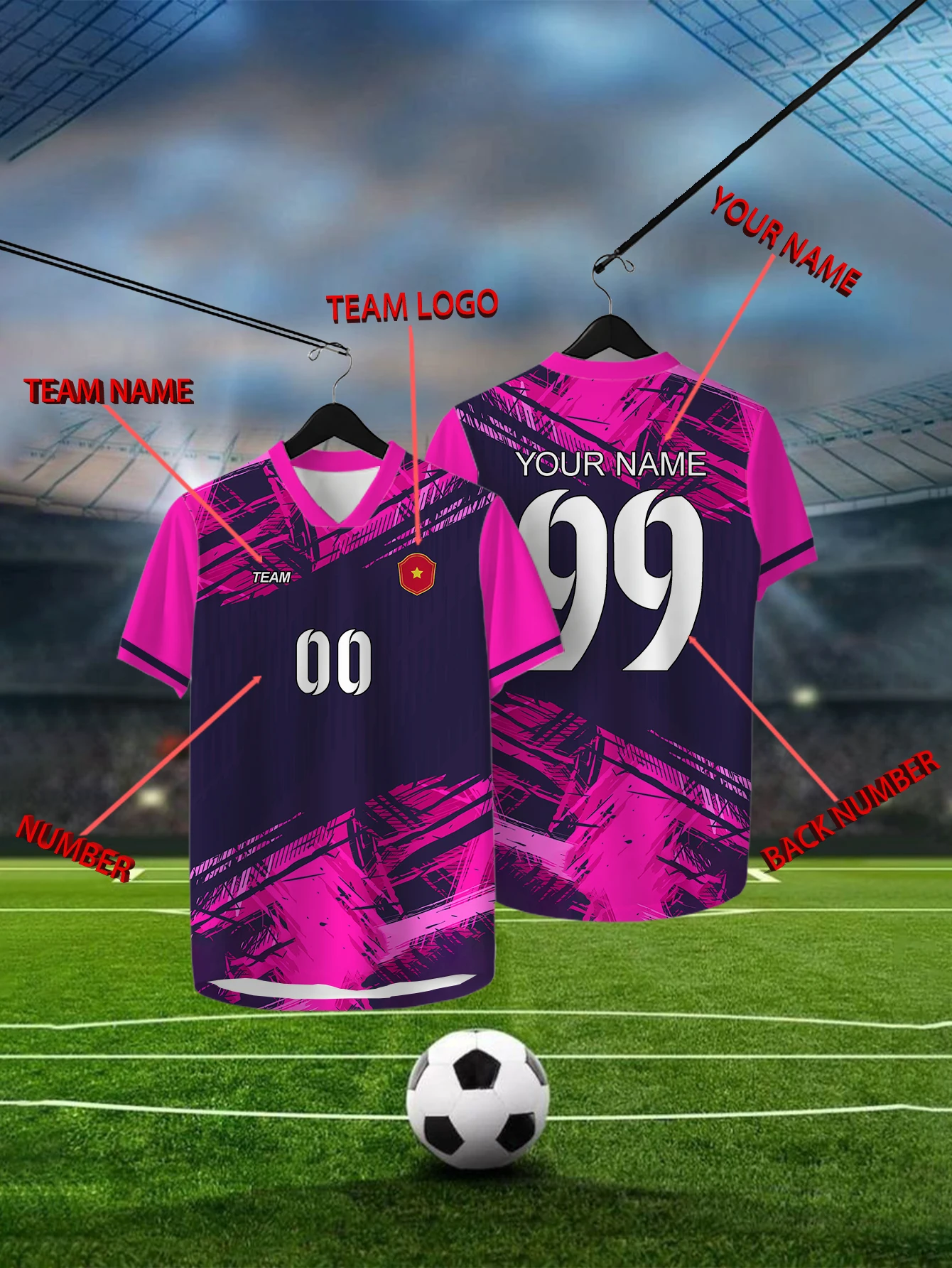 

Customized Geometric Pink Short Sleeved Shirt with Team Name, Emblem, Name and Number, Outdoor Sports Short Sleeved T-shirt