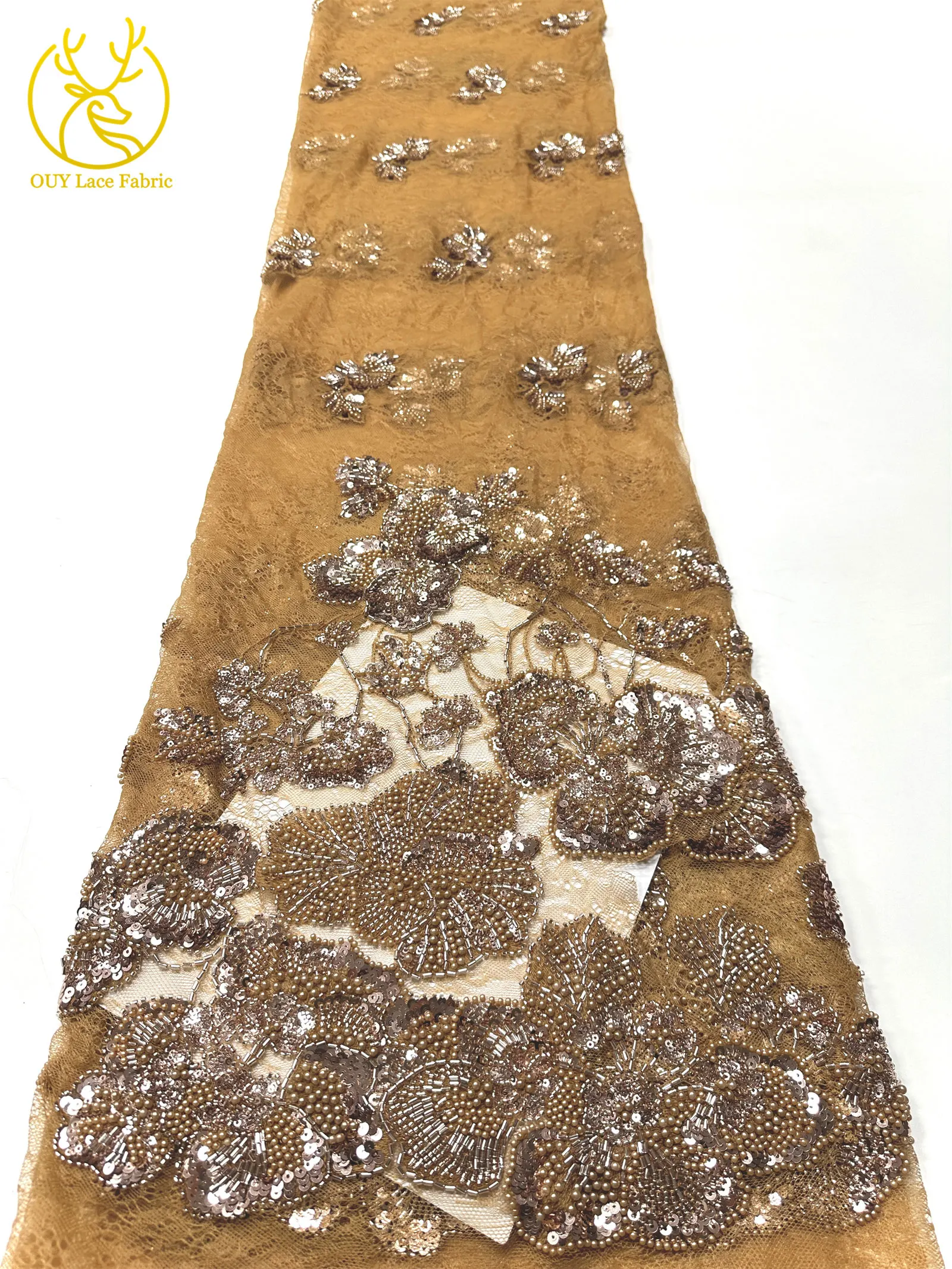 Afrikanischer Perlen-Spitzenstoff, 5 Yards luxuriöser nigerianischer französischer Pailletten-Spitzenstoff, ideal zum Nähen von Damen-Partykleidern – Detail 17