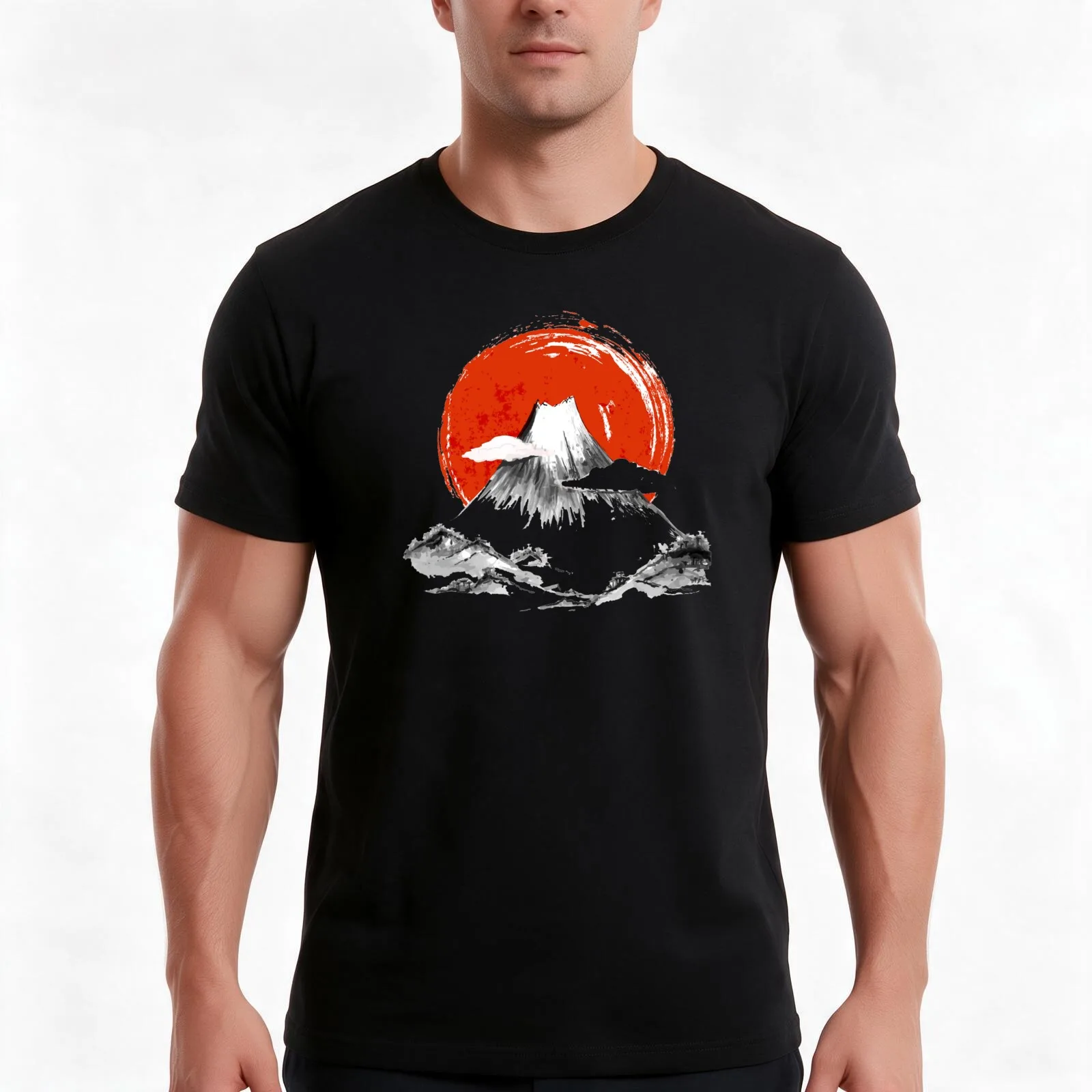 Japan Ink - Japanese Ink Painting - Volcano with Red Background - Watercolor Painting T-Shirt Summer Casual Cotton Tee