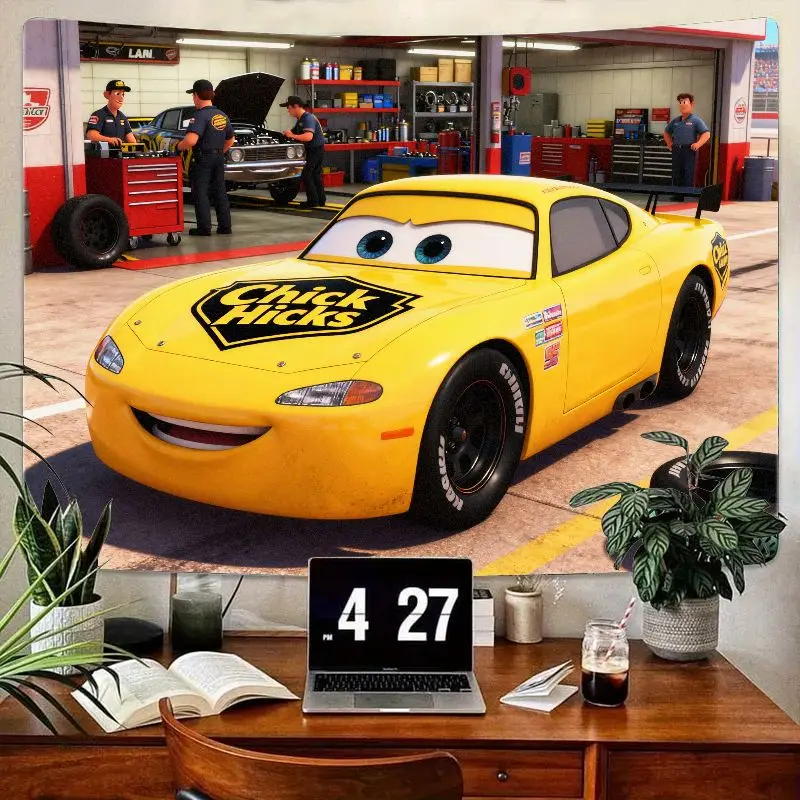 

Disney Cars Chick Hicks Желтый мультяшный гобелен с гоночным автомобилем, настенный художественный декор из полиэстера для детской спальни, подарок для фанатов мальчиков и девочек