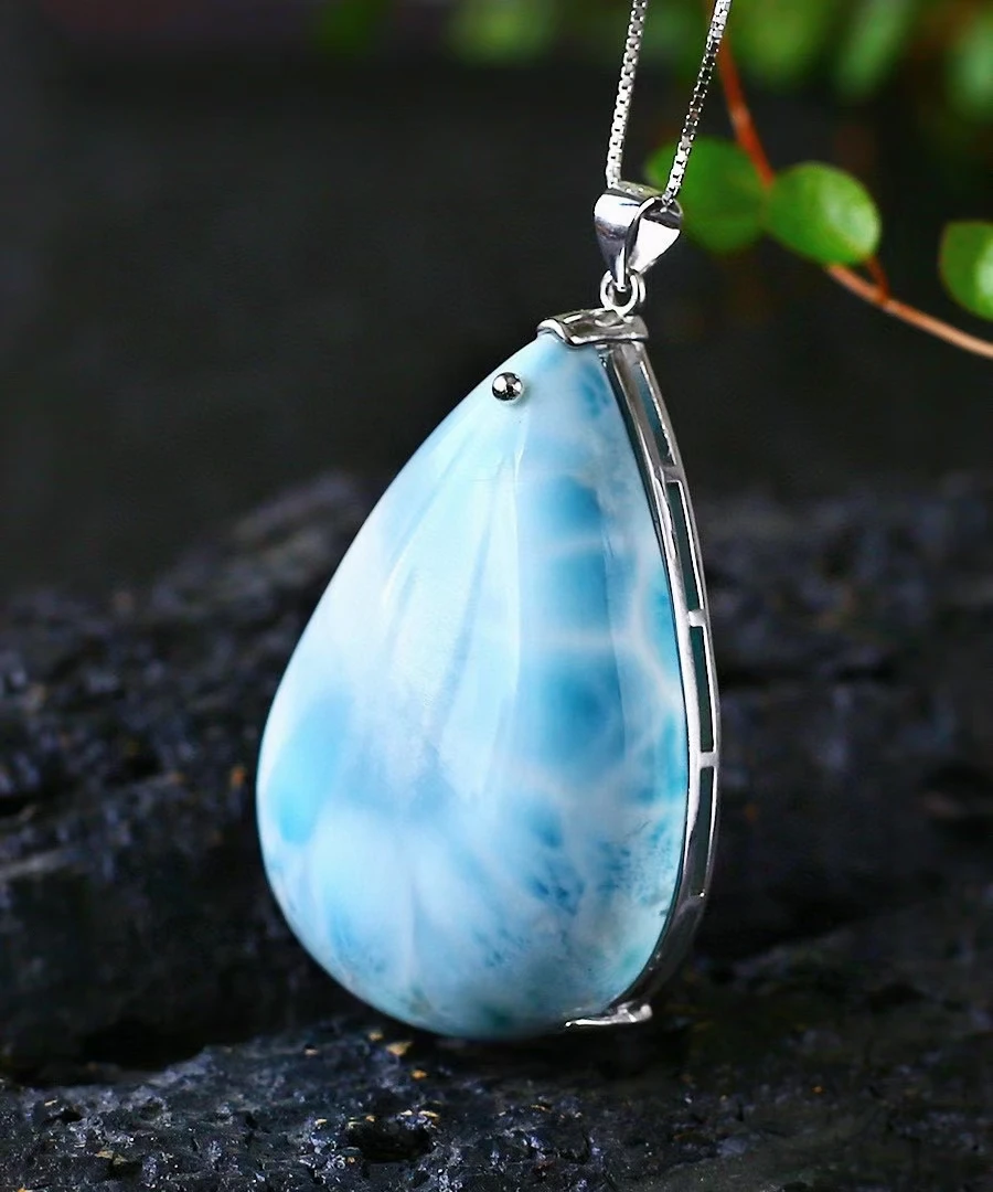 Natural Blue Larimar Pendant Women Men 42x28x11mm Heart Water Pattern 18K Gold Crystal Love Necklace From Dominia AAAAAAA