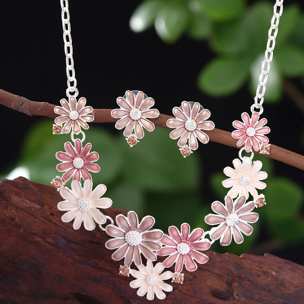 Women's Multi Color Daisy Enamel Necklace Earring Set
