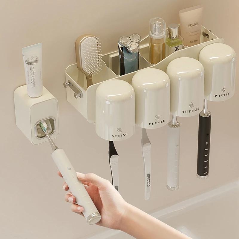 Wall Mounted Toothbrush Holder With Squeezer Perforation-free Bathroom Shelf Mouthwash Cup Holder Bathroom Organizer Accessories