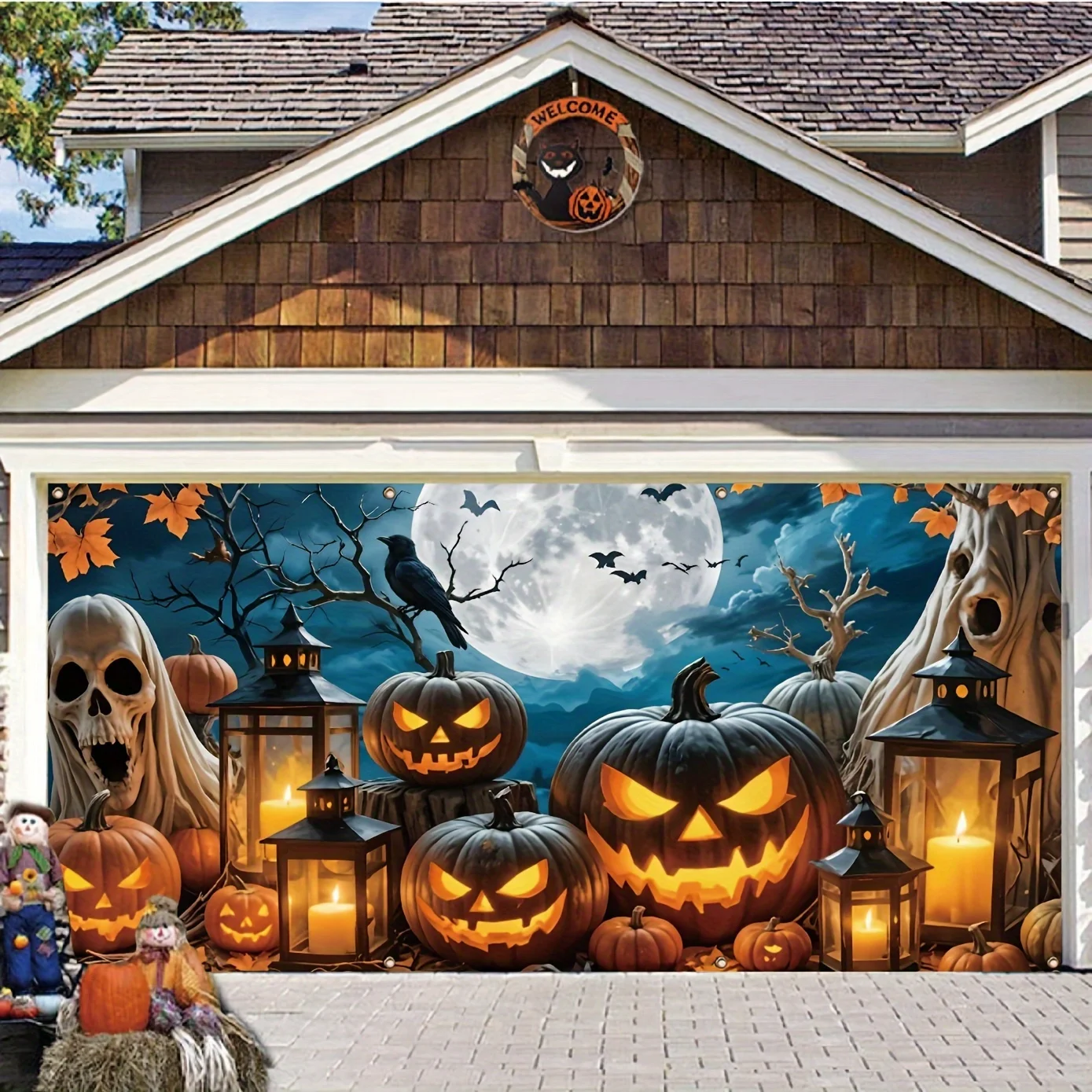 A strange Halloween garage polyester banner - a skull hidden in a pumpkin lantern, perfect for creating a festive atmosphere