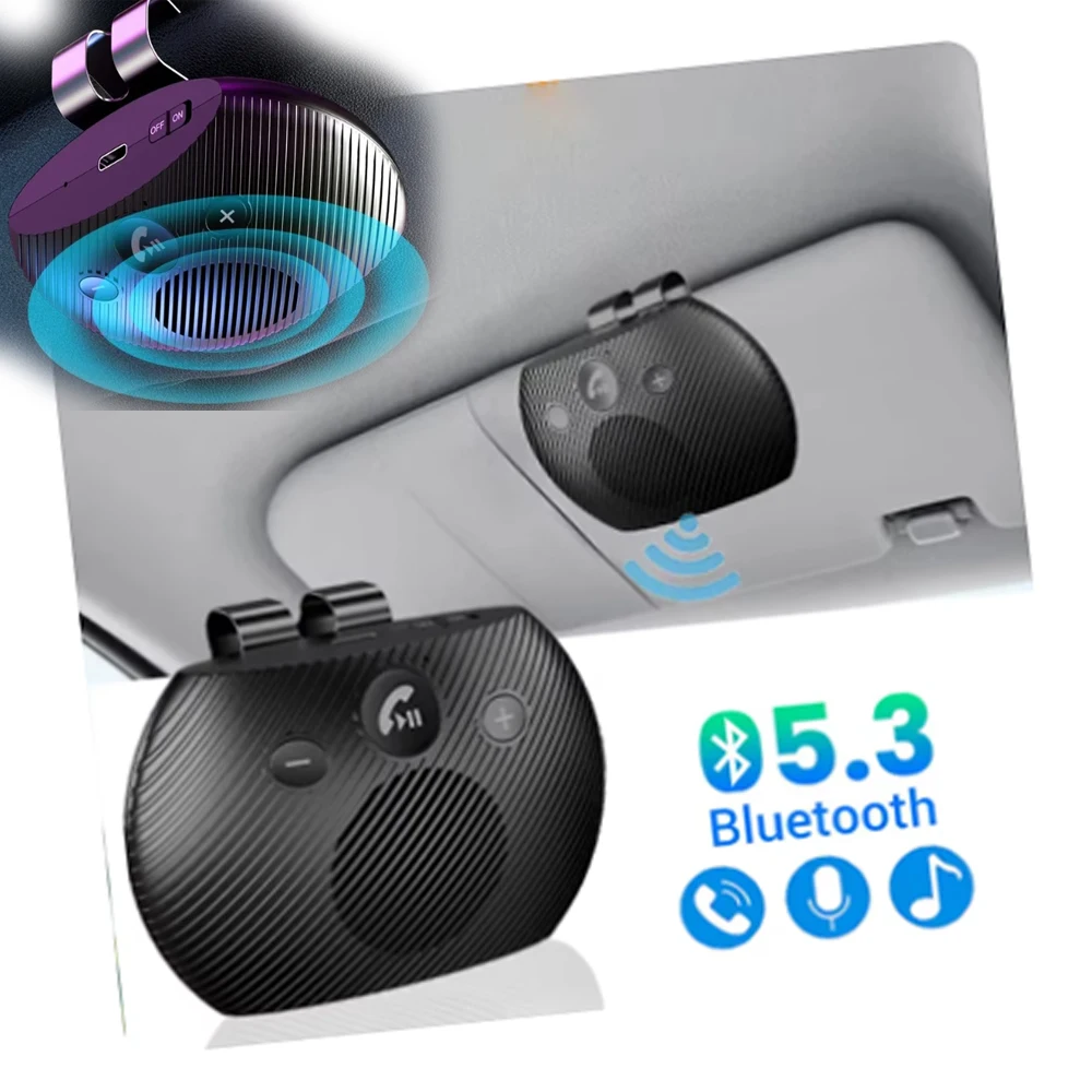 Bluetooth 5.3 Handsfree Car Kit HIFI Speaker Wireless Audio Receiver MP3 Music Player Noise Cancelling Sun Visor Clip