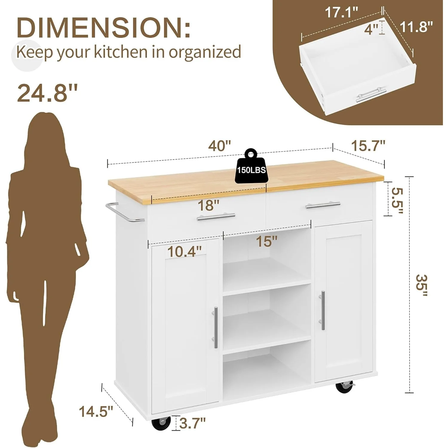 Kitchen Island with Storage Cart Table Rolling Butcher Block on Wheels Portable Large Mobile Counter Drop  White