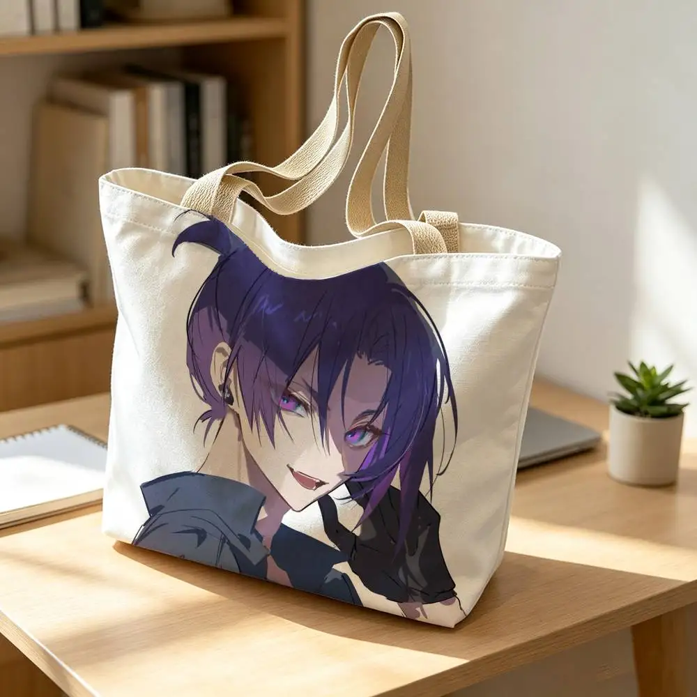 M-Mikage R-Reo Blue Print Canvas Tote Bag Handbag For Daily School Commute Casual Shoulder Bag