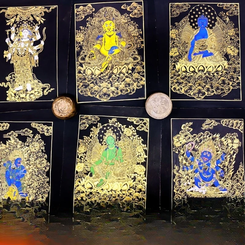 Cuadro decorativo Thangka pintado a mano con Buda Negro, corazón de Buda, Dios de la Riqueza Huang, Buda de la Medicina Dahetian, para mesa