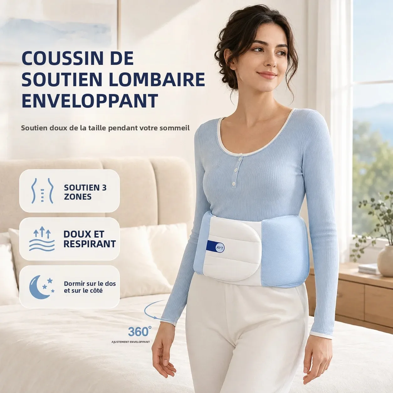 Oreiller de soutien lombaire pour dormir, coussin enveloppant à 3 zones pour les dormeurs sur le dos ou sur le côté, housse amovible en maille respirante, réglable