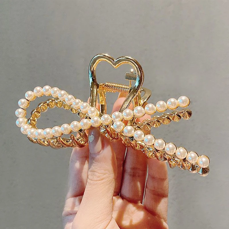 Pearl Hair Claw Big Hair Clip for Women Shining Metal Hairpins Elegant Irregular Bow Tie 2022 Fashion Hair Accessories