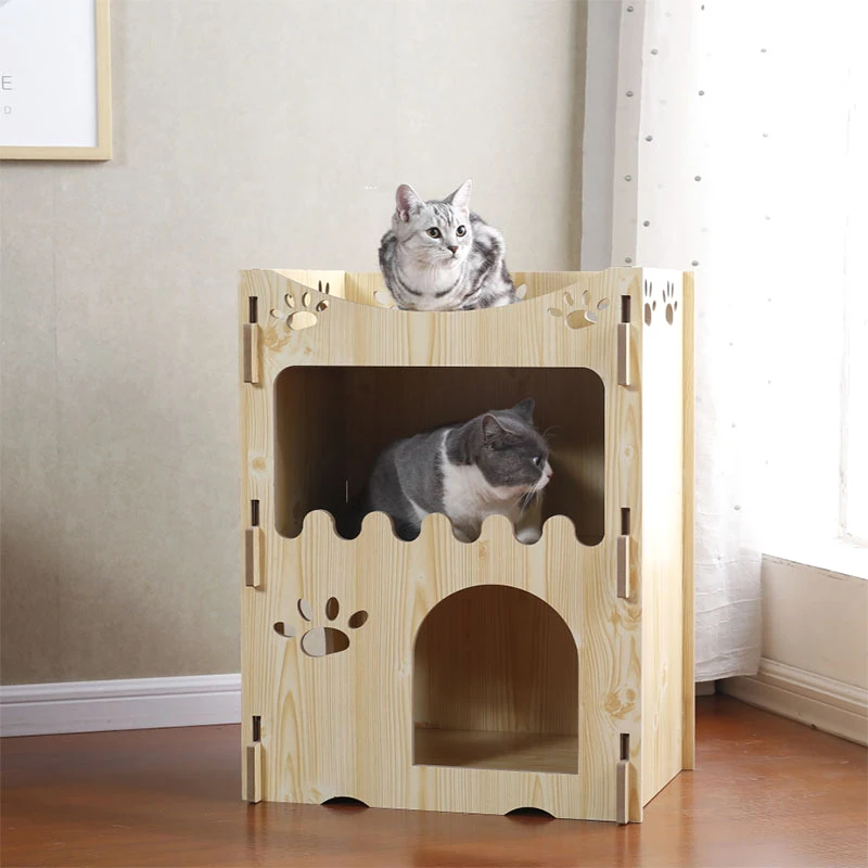 Semi-closed Solid Wood Cat Castle Cat Climbing Frame, Double Layer Dog Houses, Four Seasons Universal Wooden House for Cats