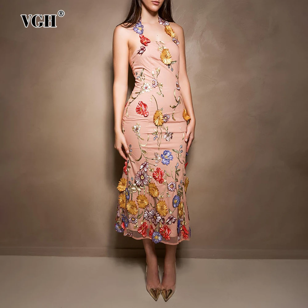 

VGH Элегантное художественное платье с лямкой на шее для женщин без рукавов с 3D красочной цветочной вышивкой облегающее платье миди для коктейльной вечеринки