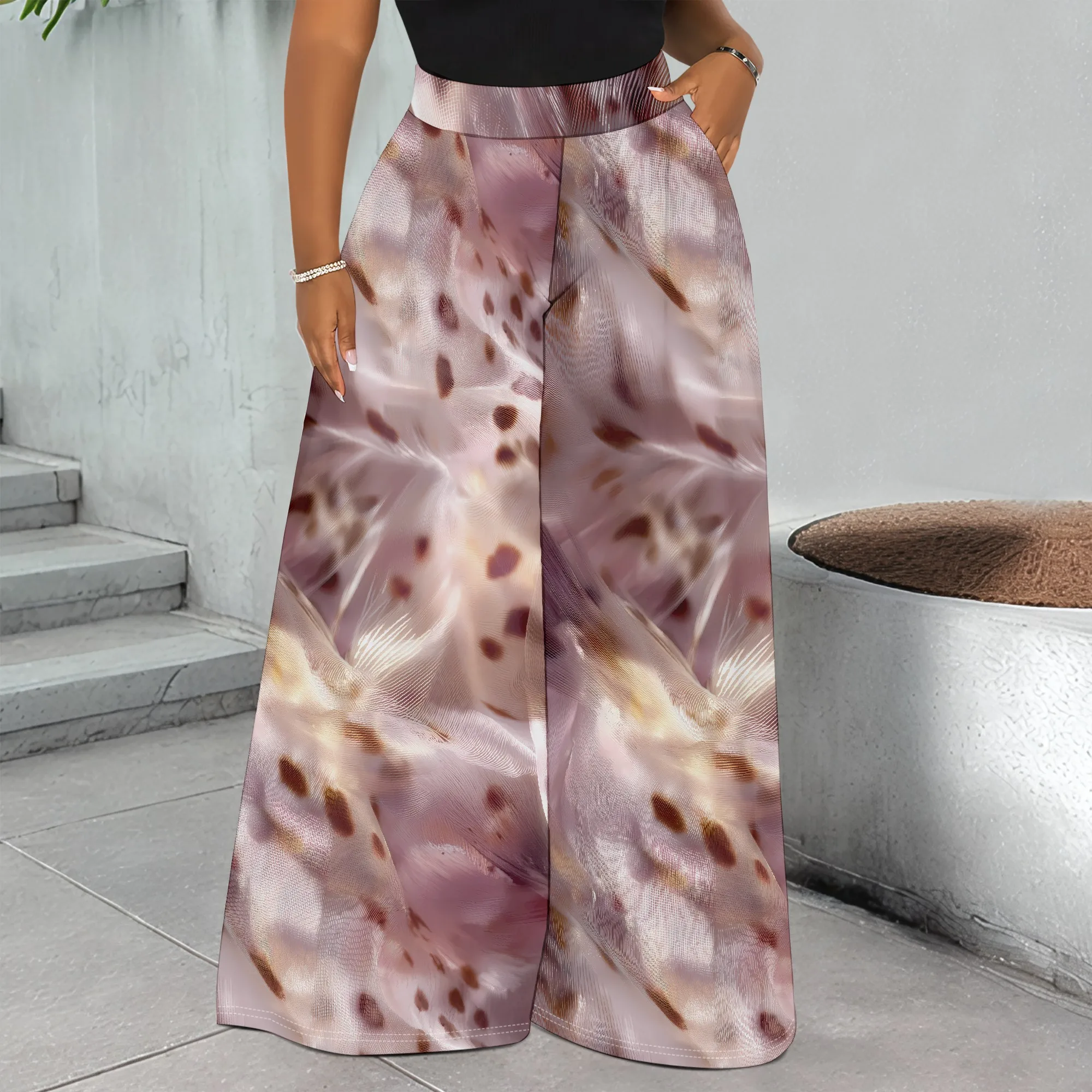 

Abstract Print Wide Leg Pants, Soft Feather Pattern Trousers, High Waist Pocket Bottoms for Women, Casual Daily Wear S-3XL
