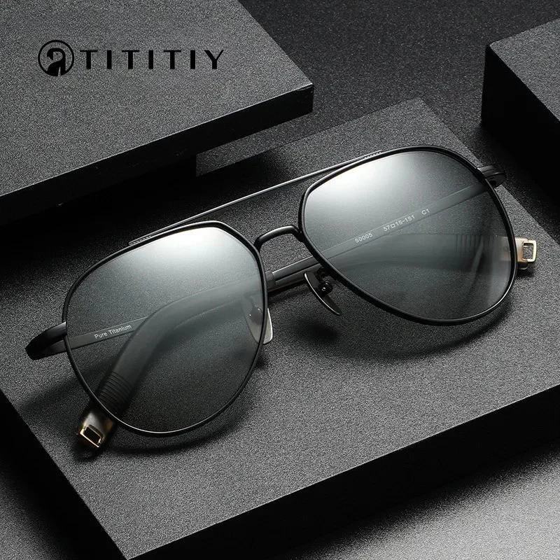 

2025 Double Bridge Pure Titanium Retro Polarized Sunglasses Men Classic Pilot Shades UV400 Summer Driving Fishing Sun Glasses