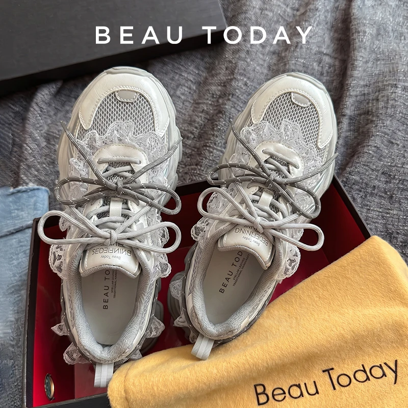 BEAUTODAY Chunky Sneakers Women Fiber Mixed Color Round Toe Air Mesh Lace & Shoelace Decoration Ladies Shoes Handmade 29A68