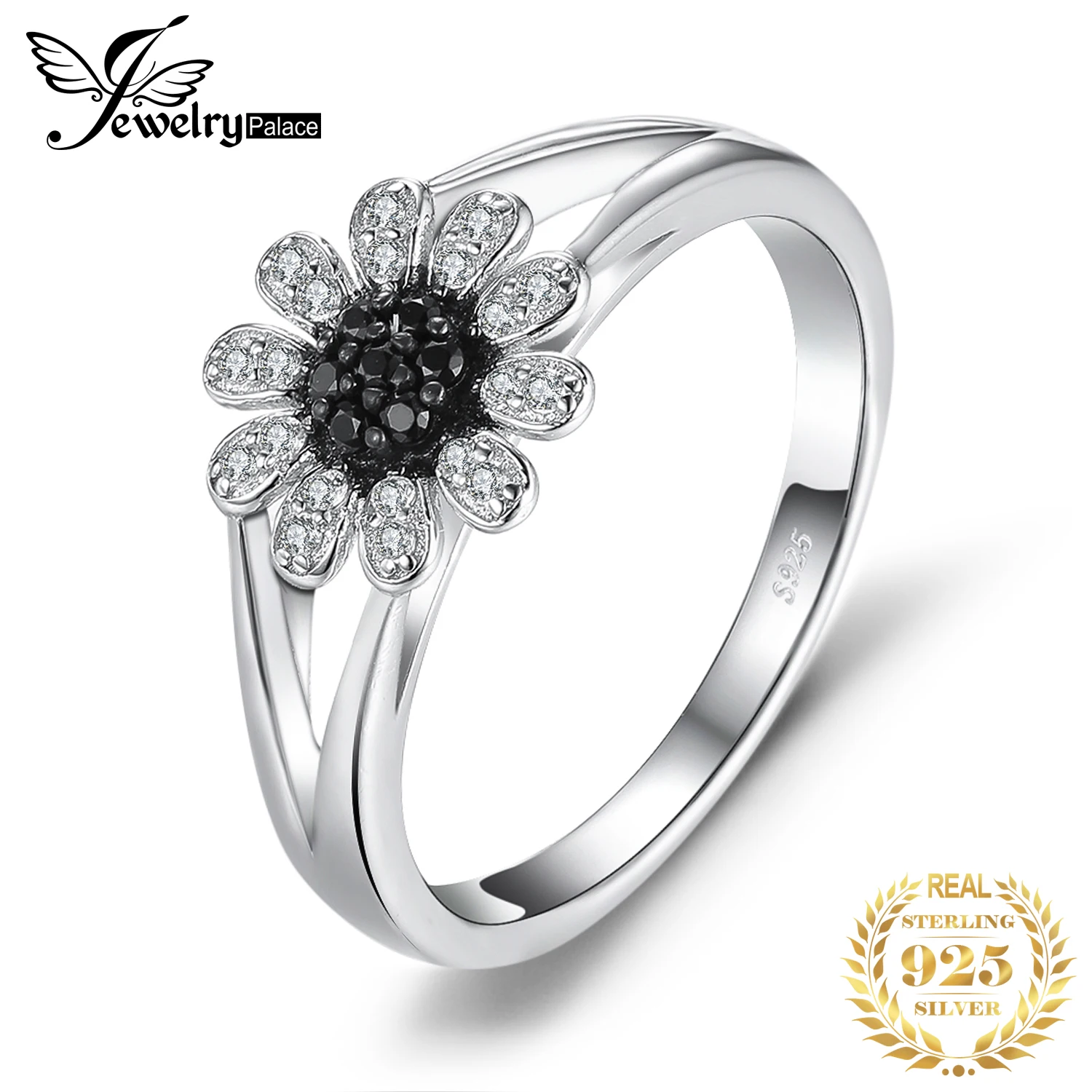 JewelryPalace Flower Natural Black Spinel 925 Sterling Silver Ring for Women Fashion Gemstone Jewelry Anniversary Birthday Gift