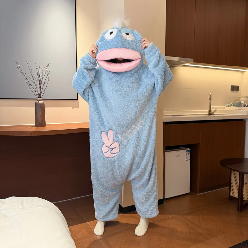 Hot Big Mouth FishMonster Cute Funny Onesie Pajamas Thickened Coral Fleece Homewear For Couples Men Women Autumn Cartoon Pajamas