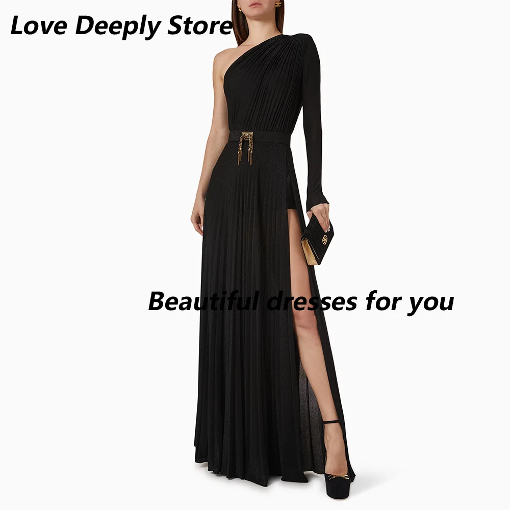 

Customized One Shoulder Long Sleeves Evening Dresses Exquisite Belt A-Line Prom Gown Jersey Pleats Long Party Dress