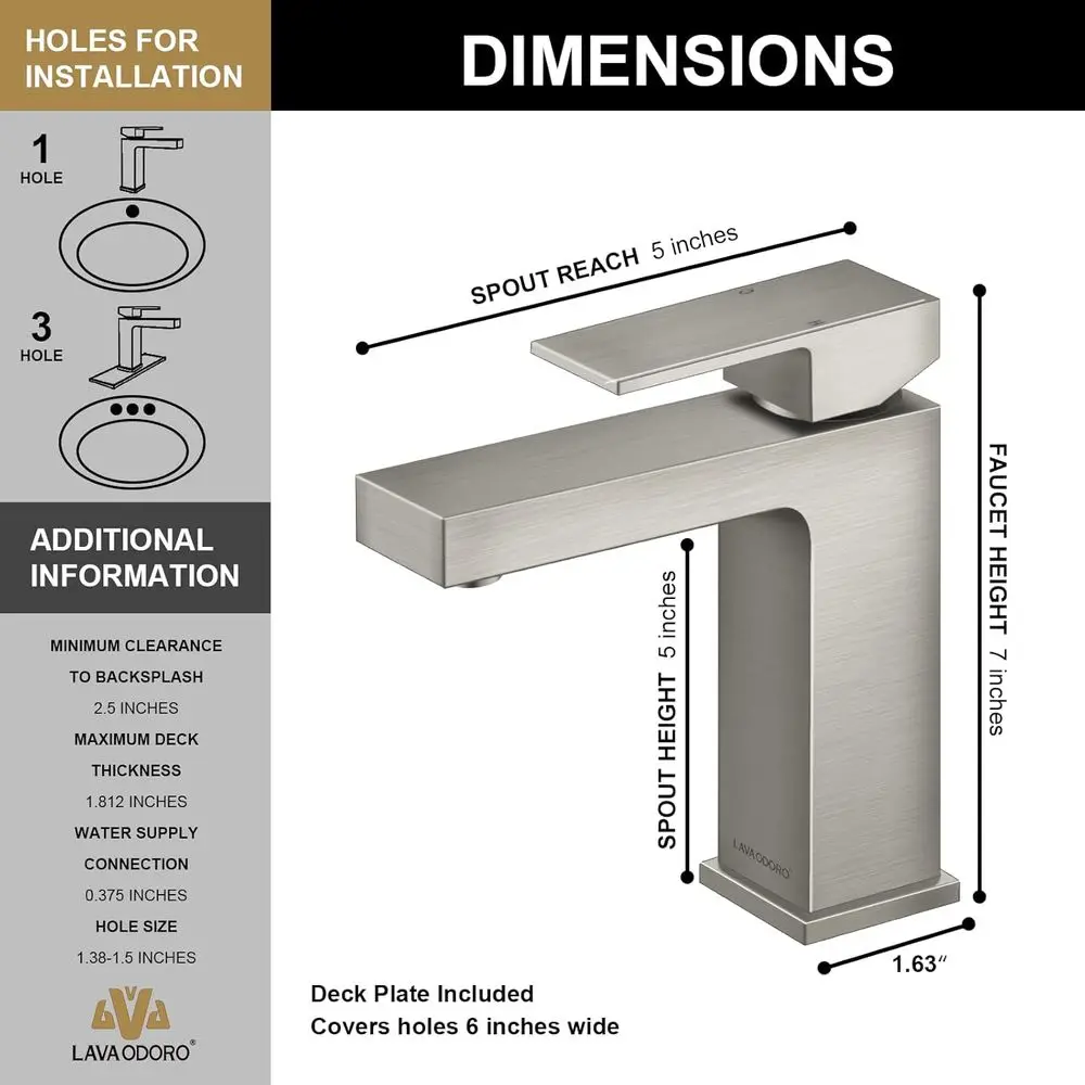 ブラッシュニッケル シングルハンドル洗面台蛇口 ポップアップ排水口付き、デッキプレート付属、BF307-BN