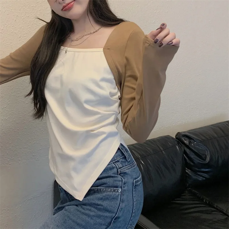 Shoulder Long Sleeve Top Women's Contrast 2023 New Versatile Fashion Advanced Slim Fit Spring Pure Short Commuter T-shirt P57
