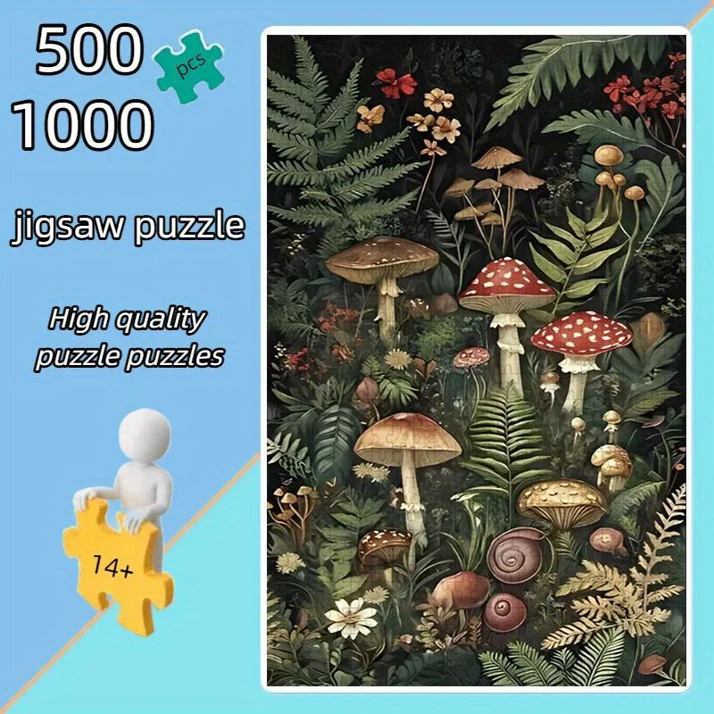 1 ensemble (1000 pièces/1 ensemble (500 pièces) puzzle en papier pour bricolage: "scène de champignons et de fleurs dans la forêt sombre"-jeu de puzzle, casse-tête,